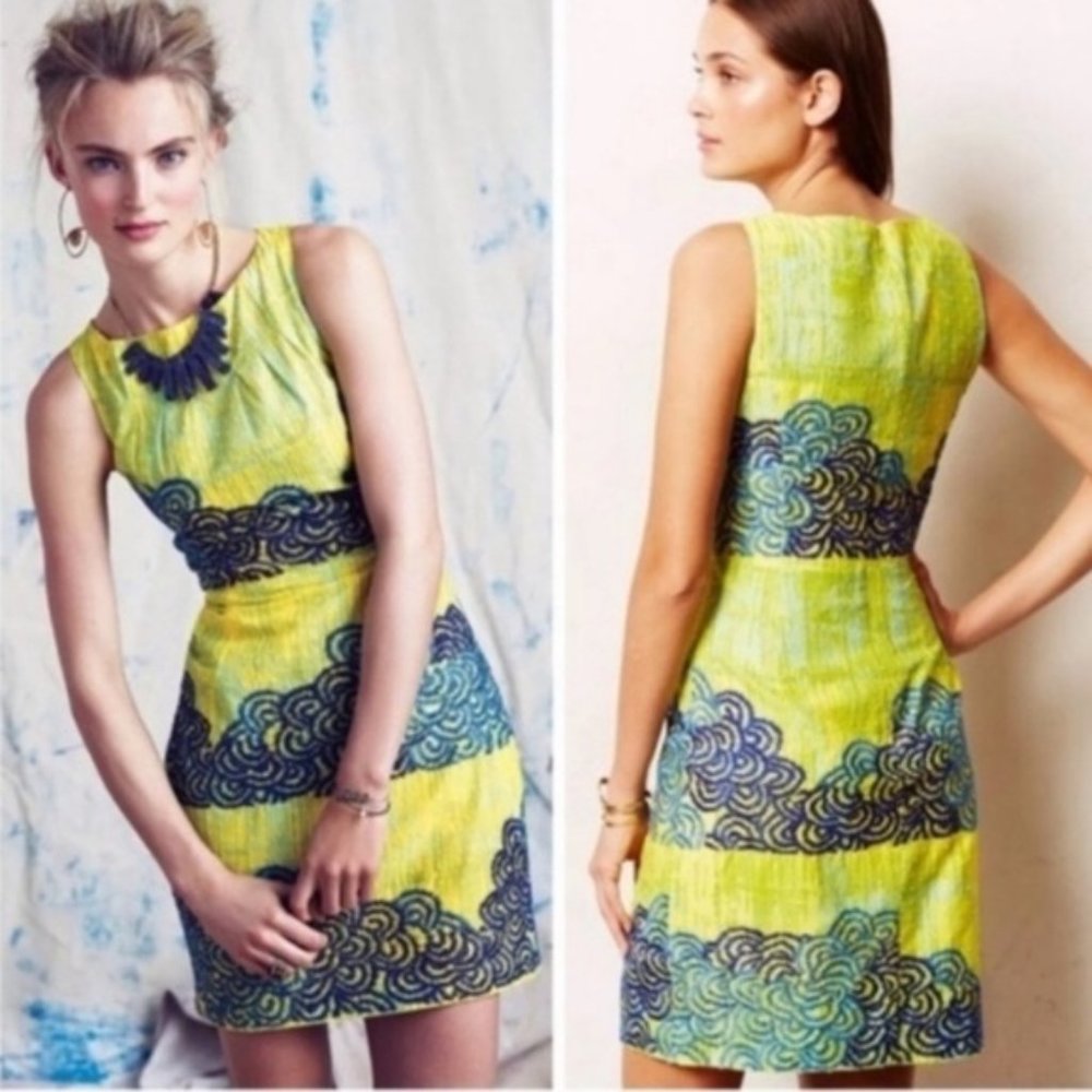Tabitha for Anthropologie green/yellow dress with navy embroidery